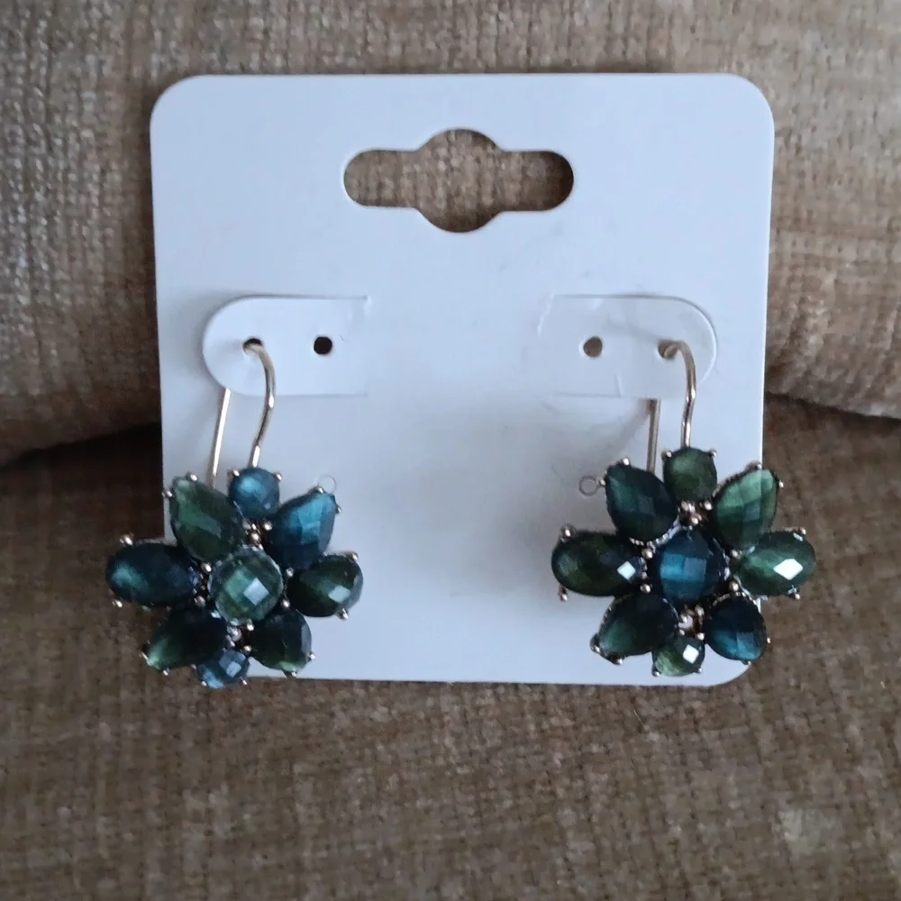 Liz Claiborne Gold Tone Blue/Green Rhinestone Flower Drop Earrings